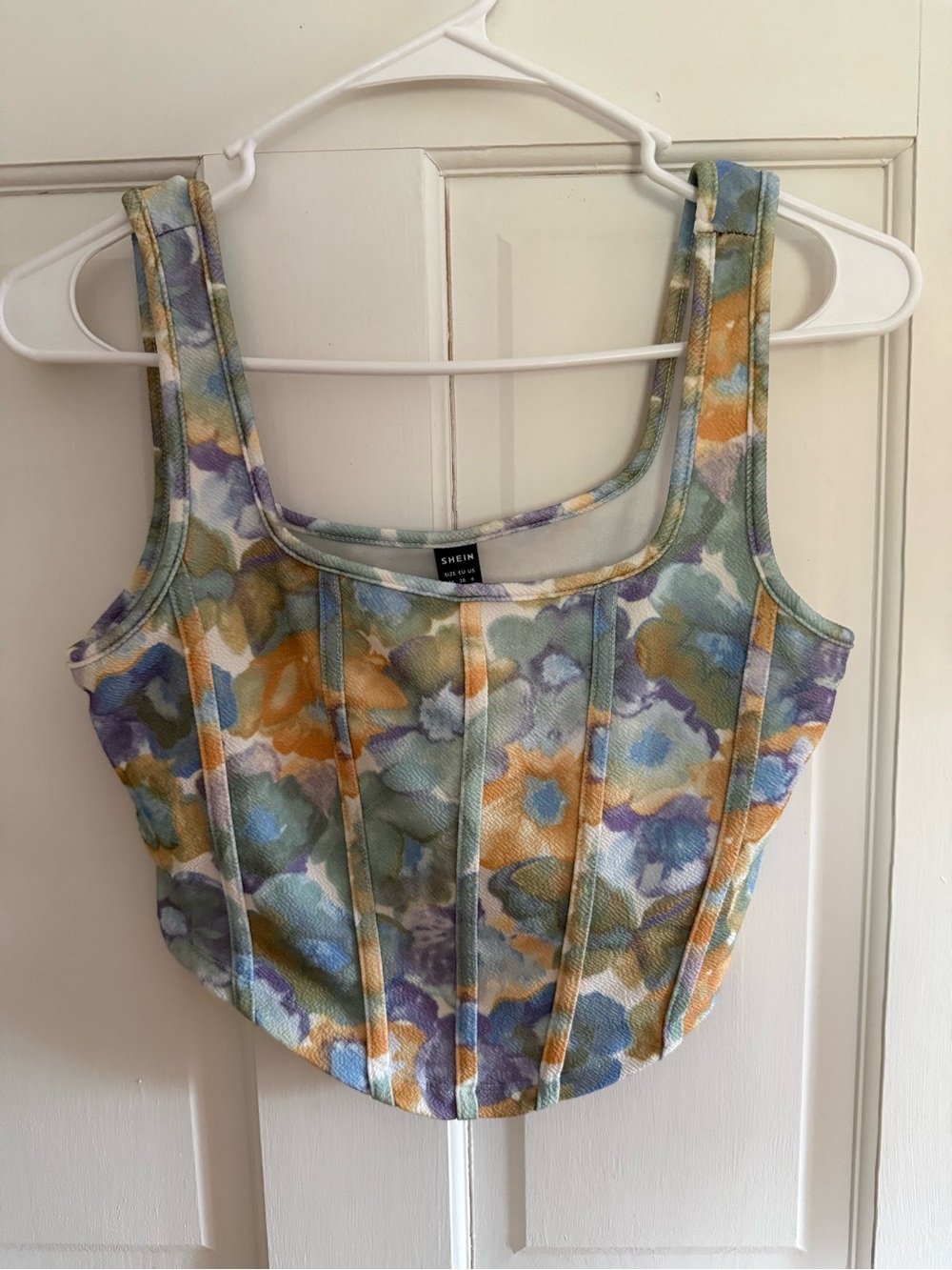 SHEIN Pastel Floral Corset Tank Top in Green, Purple & Yellow